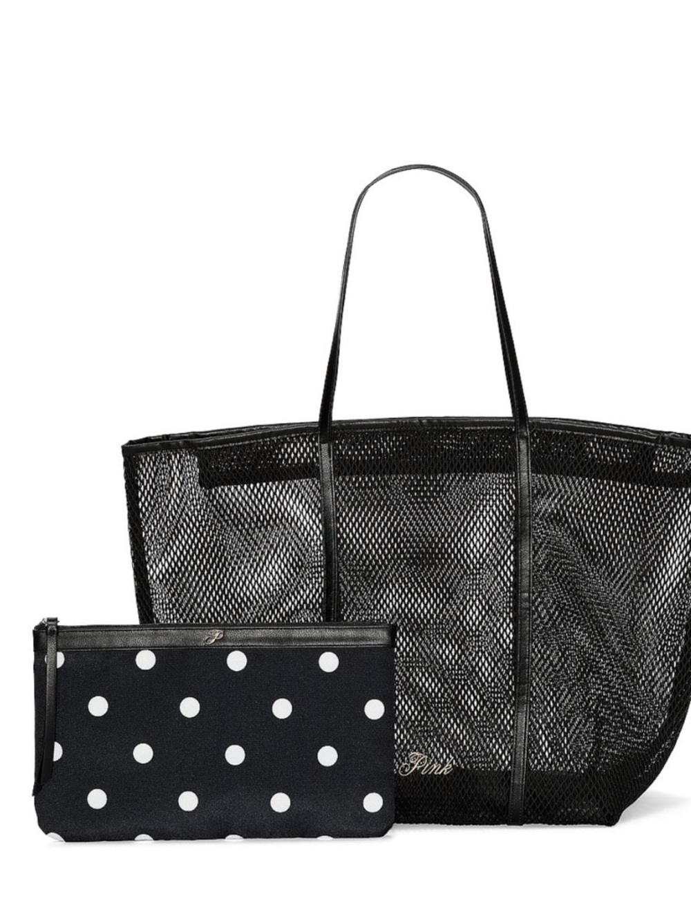 Victoria's Secret Black Mesh Tote with Polka Dot Pouch